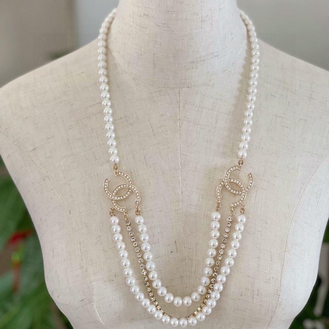 Chanel CC Logo Pearl Crystal Layered Necklace necklace Gold-tone metal white faux pearl clear crystal Adjustable 40-45cm