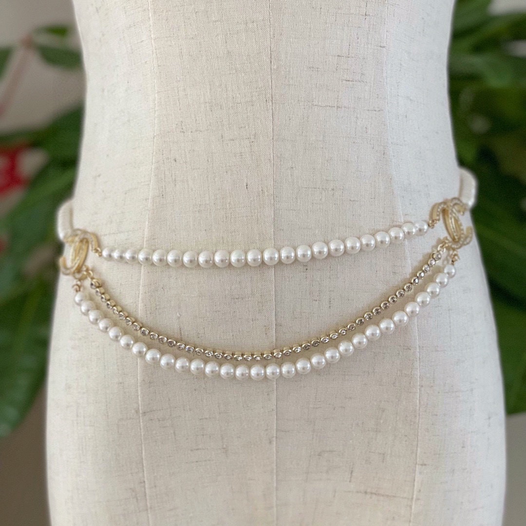 Chanel CC Logo Pearl Crystal Layered Necklace necklace Gold-tone metal white faux pearl clear crystal Adjustable 40-45cm