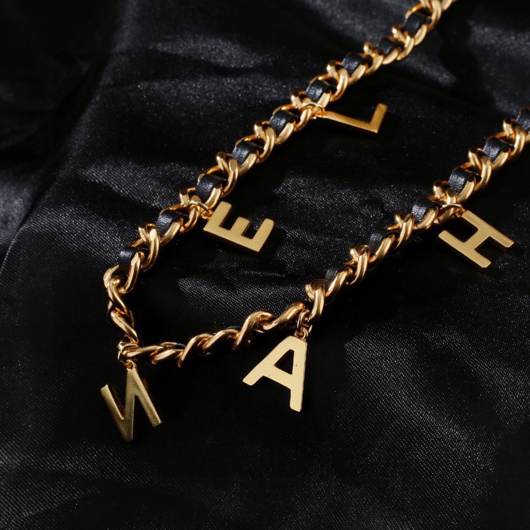 Chanel CC Logo Letter Charm Leather Woven Chain necklace Gold-tone metal black leather clear crystal 80cm