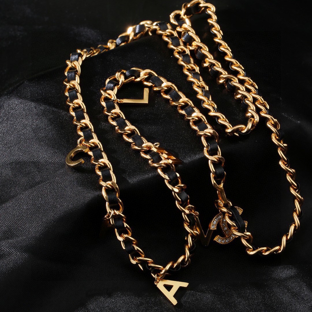 Chanel CC Logo Letter Charm Leather Woven Chain necklace Gold-tone metal black leather clear crystal 80cm