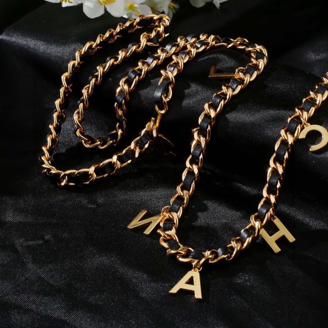 Chanel CC Logo Letter Charm Leather Woven Chain necklace Gold-tone metal black leather clear crystal 80cm