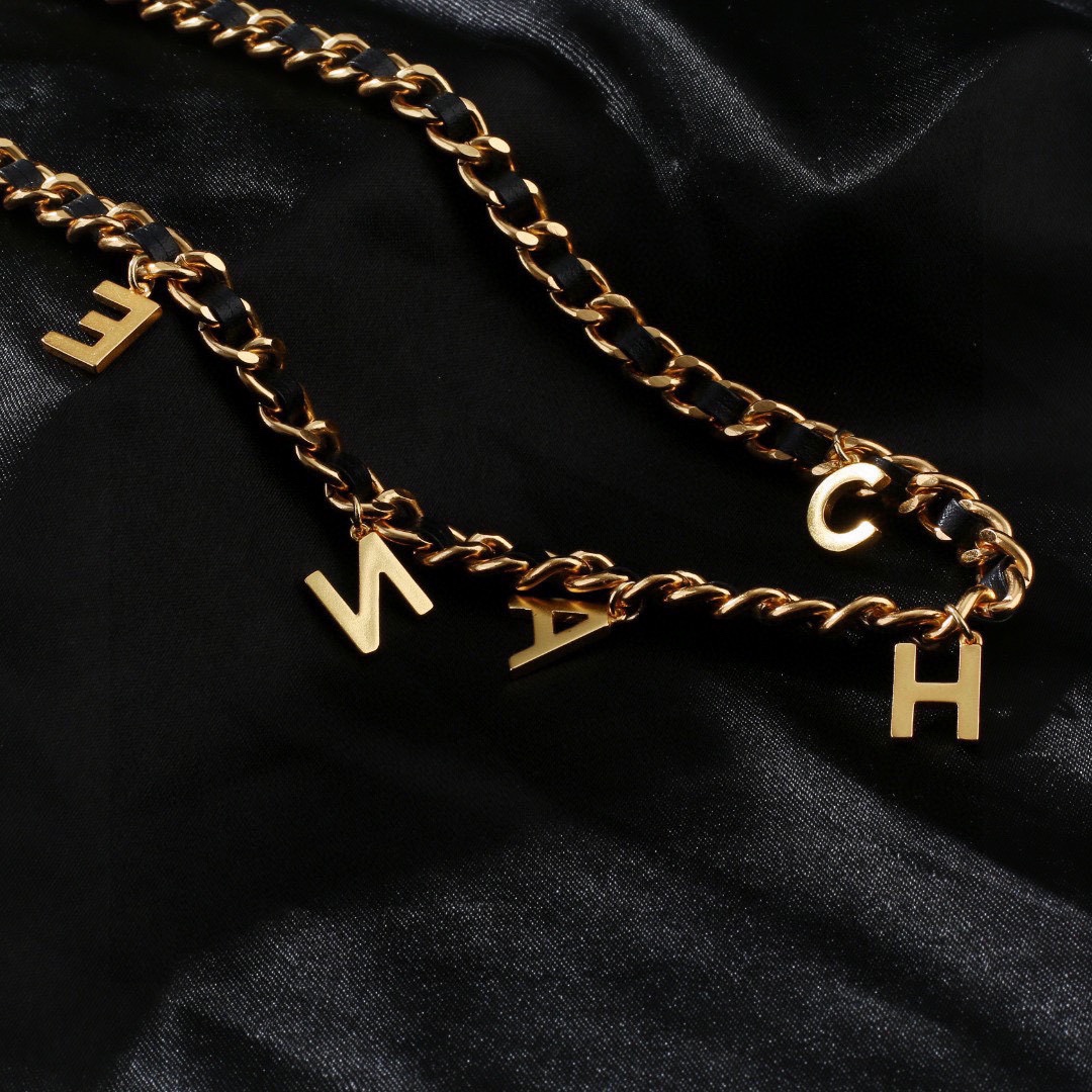 Chanel CC Logo Letter Charm Leather Woven Chain necklace Gold-tone metal black leather clear crystal 80cm