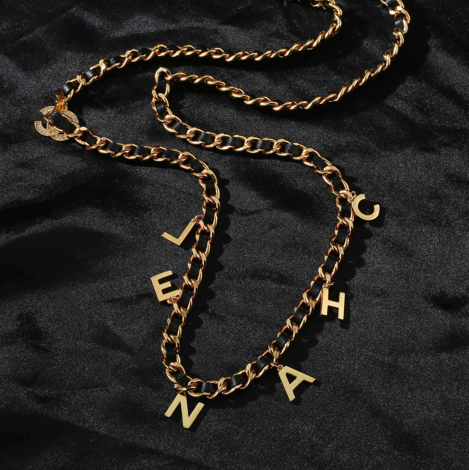 Chanel CC Logo Letter Charm Leather Woven Chain necklace Gold-tone metal black leather clear crystal 80cm