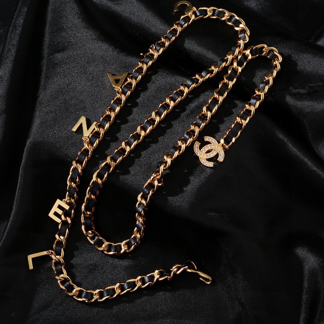 Chanel CC Logo Letter Charm Leather Woven Chain necklace Gold-tone metal black leather clear crystal 80cm
