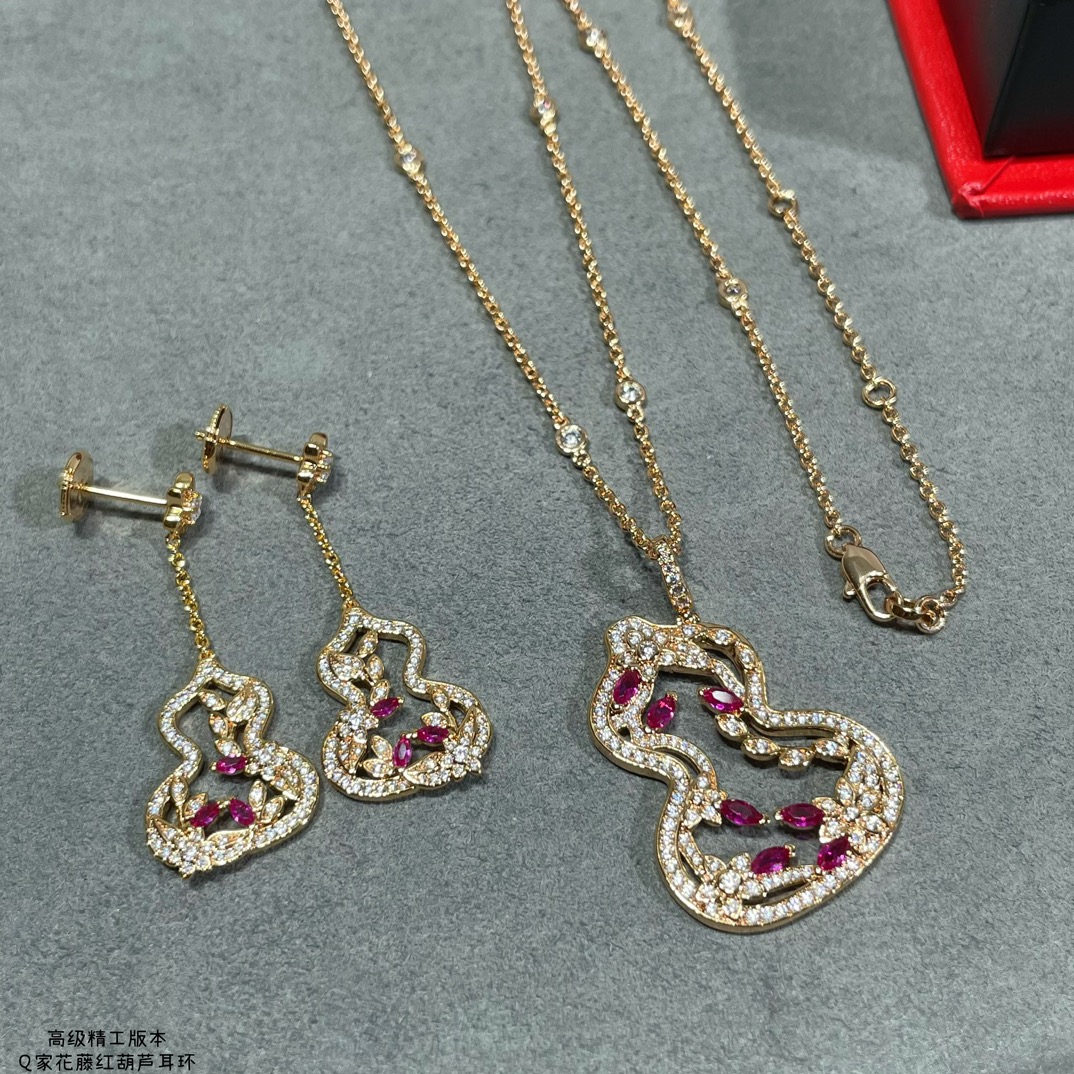 Qeelin Wulu Lace earrings 18k rose gold clear diamonds pink rubies 3 5cm drop length