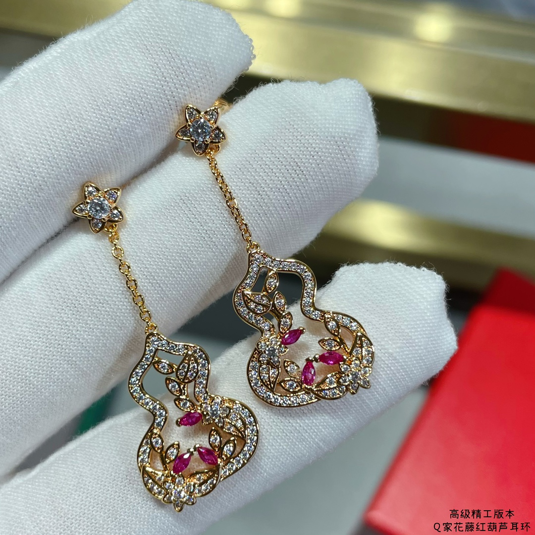 Qeelin Wulu Lace earrings 18k rose gold clear diamonds pink rubies 3 5cm drop length
