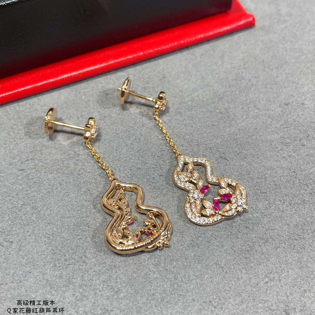 Qeelin Wulu Lace earrings 18k rose gold clear diamonds pink rubies 3 5cm drop length
