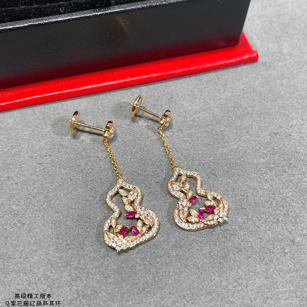 Qeelin Wulu Lace earrings 18k rose gold clear diamonds pink rubies 3 5cm drop length