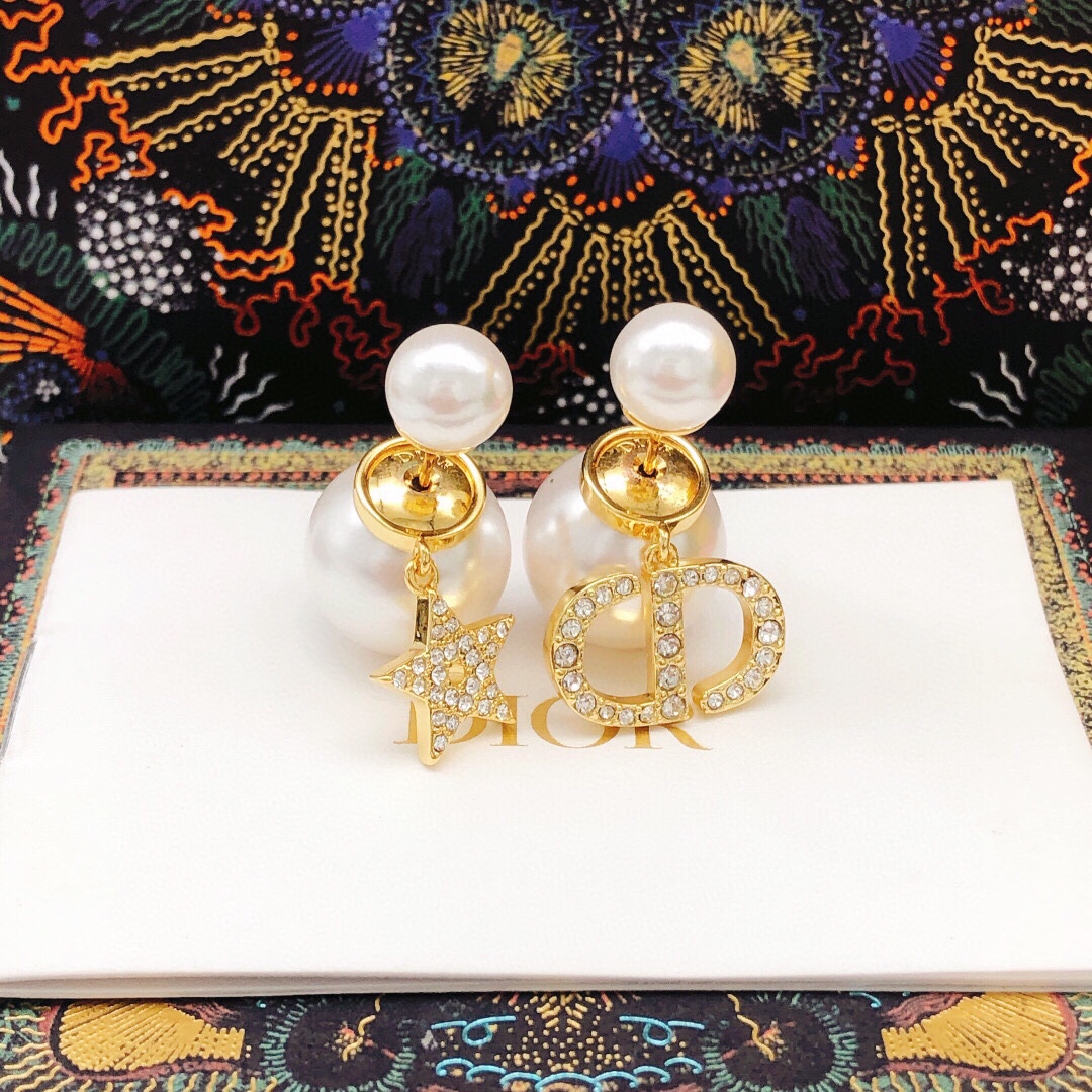 Dior Tribales CD Star Pearl Earrings earrings Gold-tone metal white resin pearls clear crystal rhinestones One Size drop length approx 2 5cm