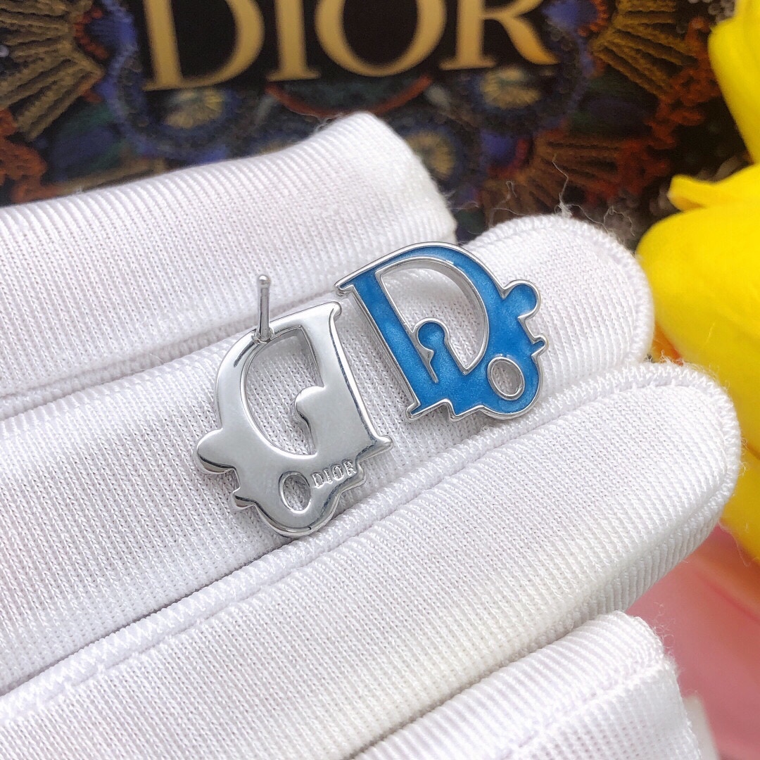 Dior DED0088 D Logo Stud Earrings earrings silver-toned metal with bright blue enamel and clear crystal accents 1 5cm stud diameter