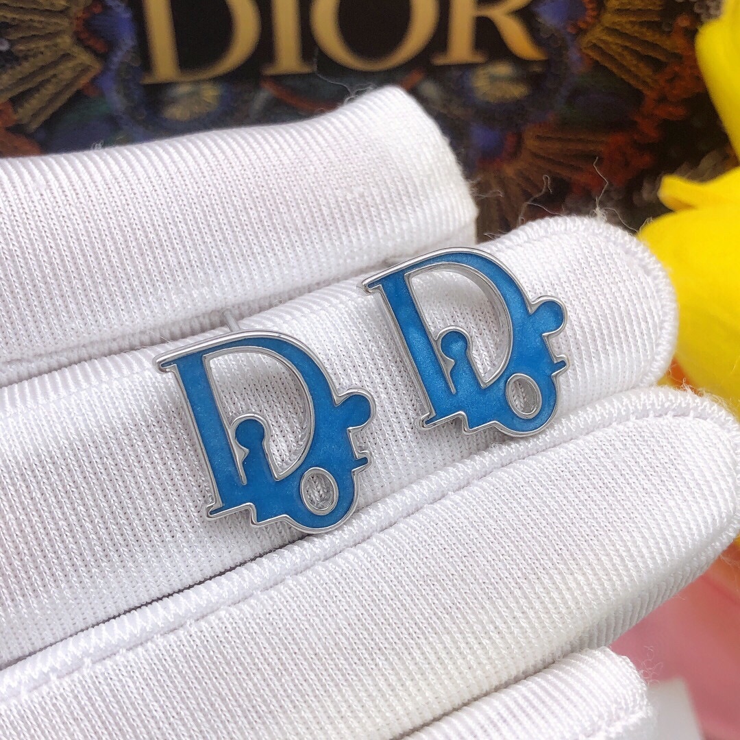 Dior DED0088 D Logo Stud Earrings earrings silver-toned metal with bright blue enamel and clear crystal accents 1 5cm stud diameter