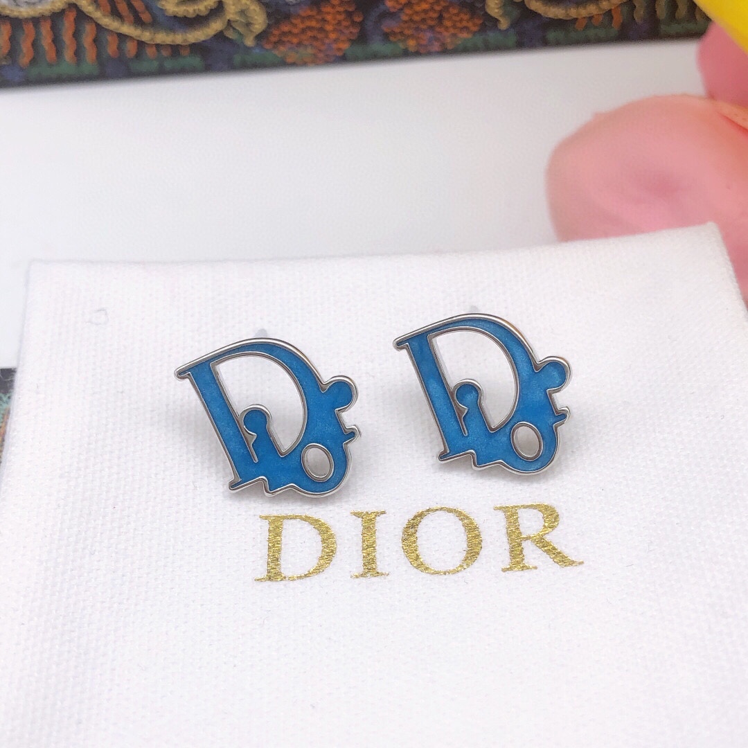 Dior DED0088 D Logo Stud Earrings earrings silver-toned metal with bright blue enamel and clear crystal accents 1 5cm stud diameter