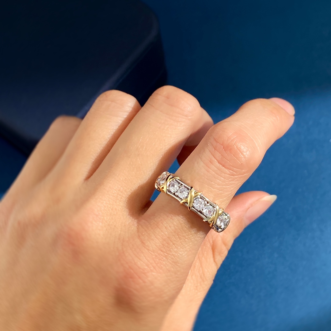 Tiffany Schlumberger Sixteen Stone Ring ring Sterling silver and 18k yellow gold with clear round diamonds 58