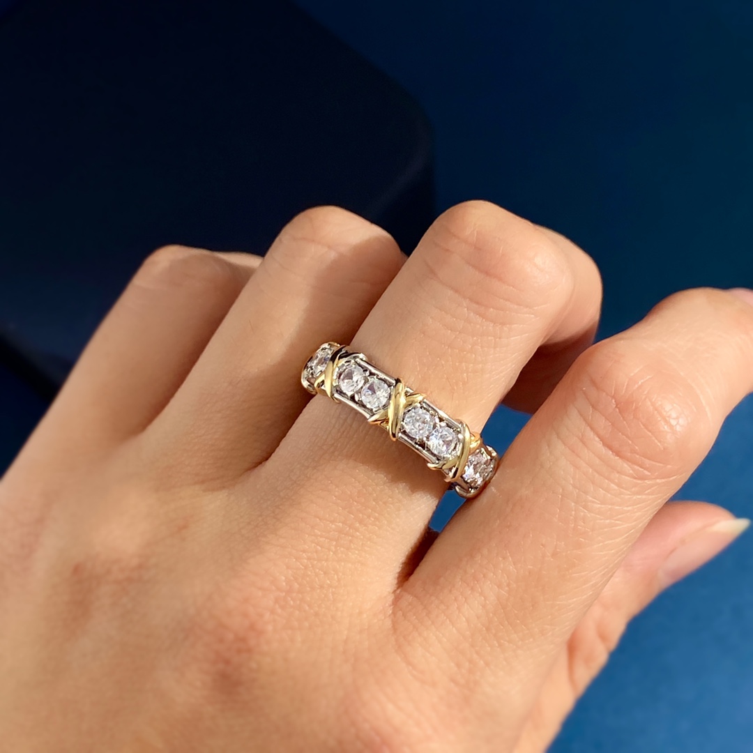 Tiffany Schlumberger Sixteen Stone Ring ring Sterling silver and 18k yellow gold with clear round diamonds 58