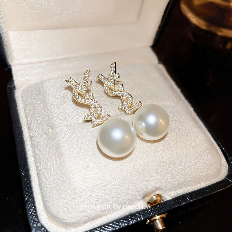 Saint Laurent Cassandre YSL Logo Pearl Drop Earrings earrings gold-tone metal clear pave crystals white pearl 3cm total drop length