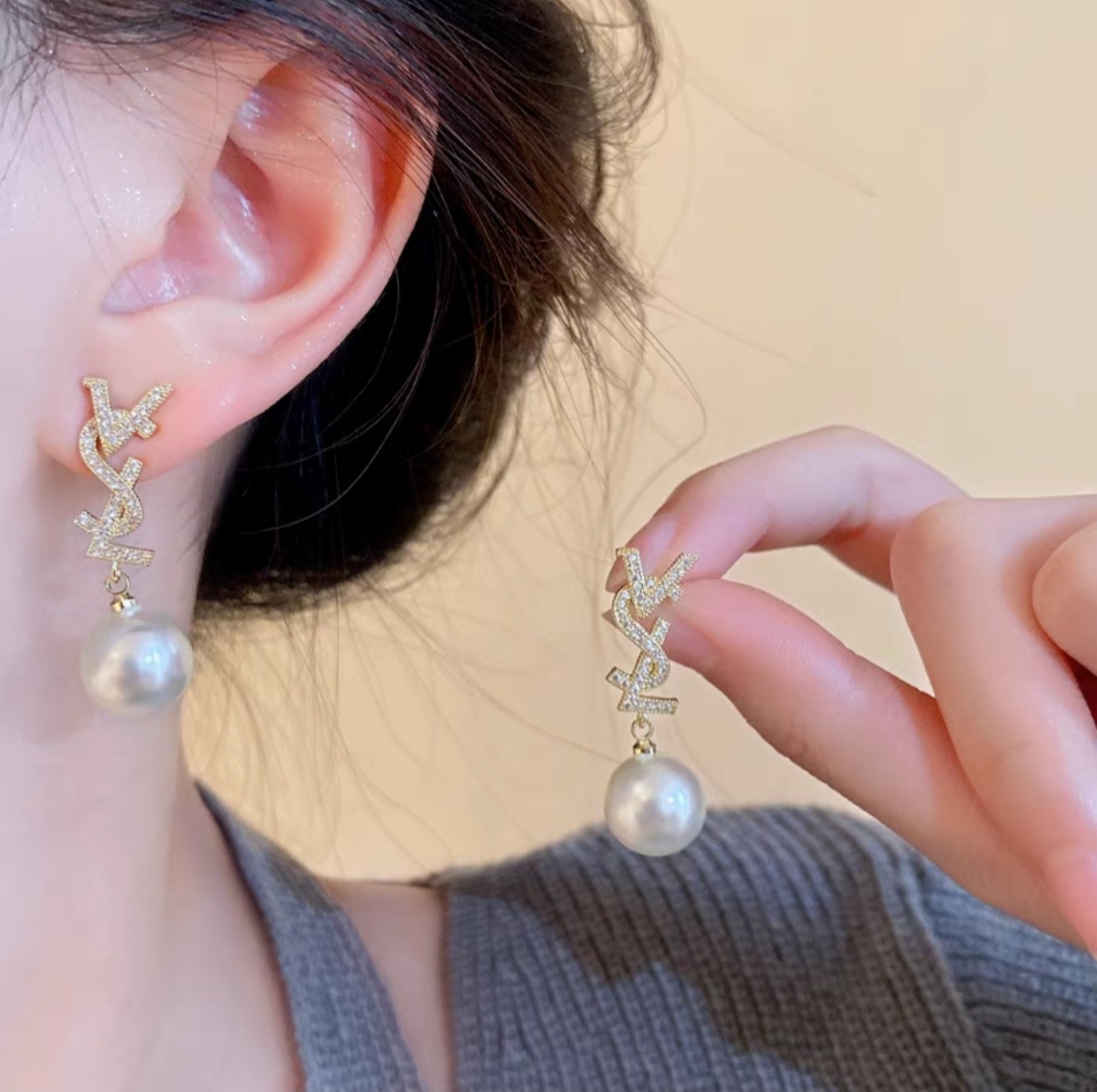 Saint Laurent Cassandre YSL Logo Pearl Drop Earrings earrings gold-tone metal clear pave crystals white pearl 3cm total drop length