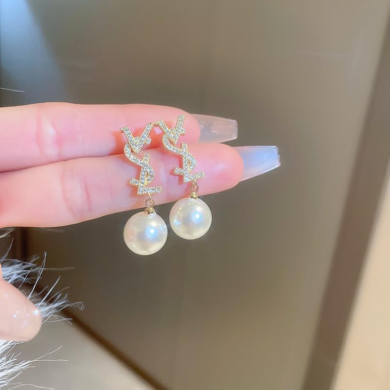 Saint Laurent Cassandre YSL Logo Pearl Drop Earrings earrings gold-tone metal clear pave crystals white pearl 3cm total drop length