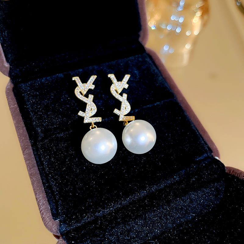 Saint Laurent Cassandre YSL Logo Pearl Drop Earrings earrings gold-tone metal clear pave crystals white pearl 3cm total drop length