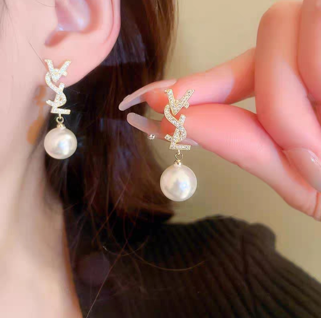 Saint Laurent Cassandre YSL Logo Pearl Drop Earrings earrings gold-tone metal clear pave crystals white pearl 3cm total drop length