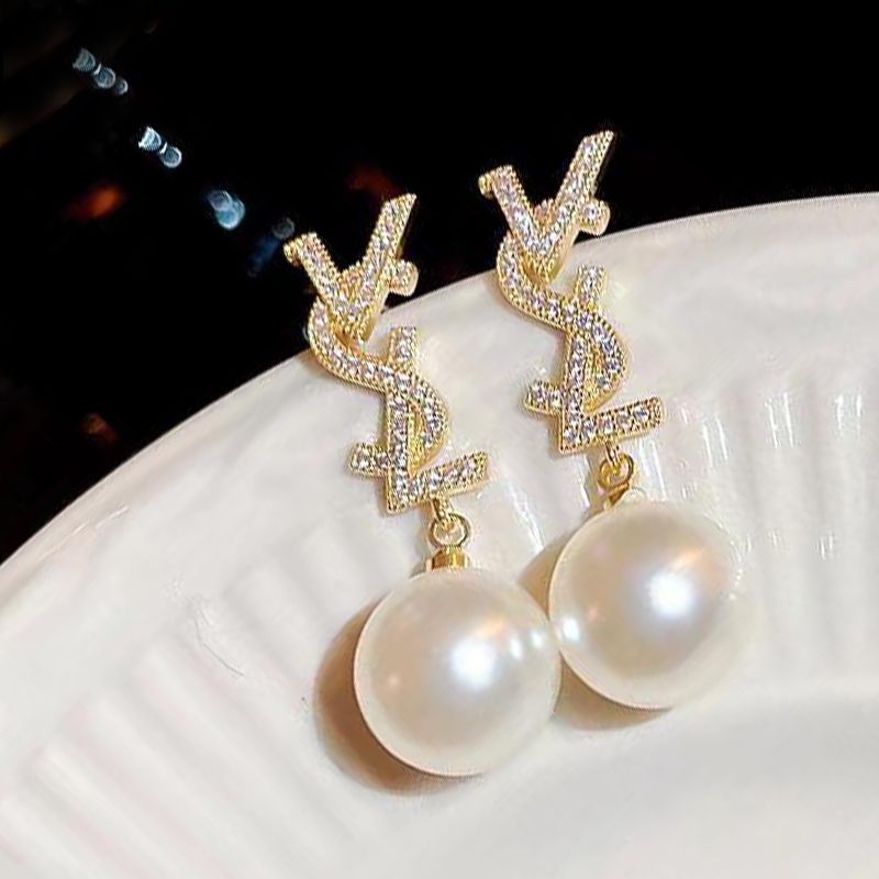 Saint Laurent Cassandre YSL Logo Pearl Drop Earrings earrings gold-tone metal clear pave crystals white pearl 3cm total drop length