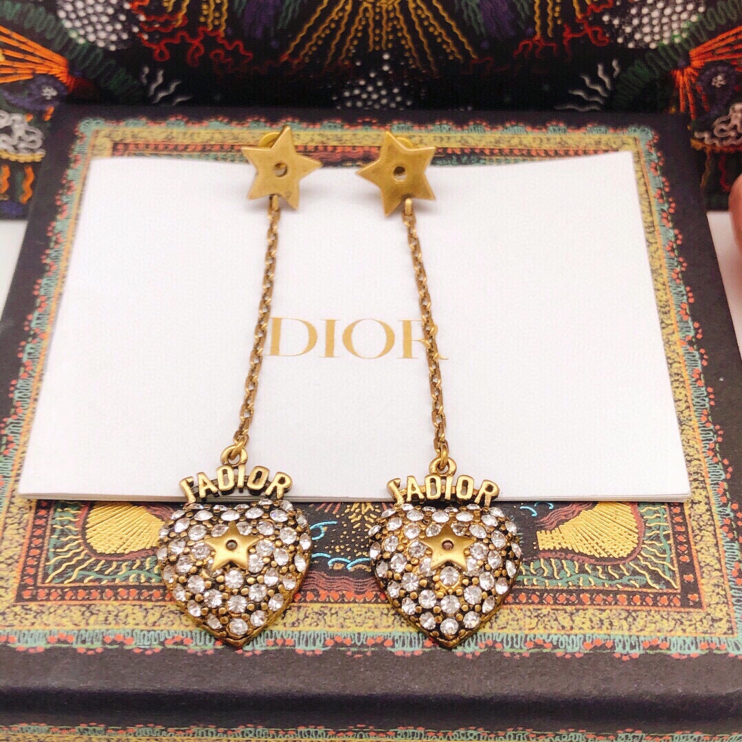 Dior J ADIOR Star Heart Drop Earrings earrings antique gold-tone metal with clear crystal accents 6cm drop length