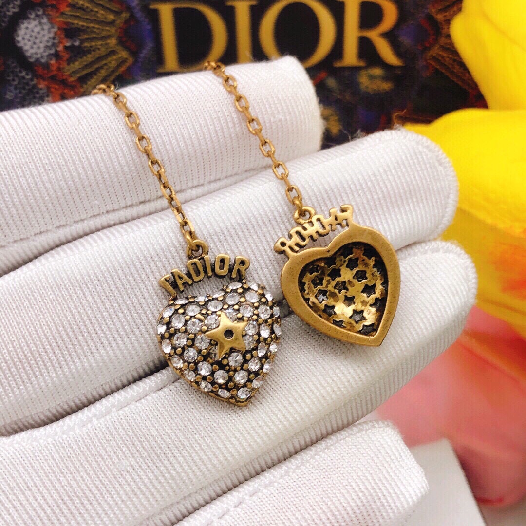 Dior J ADIOR Star Heart Drop Earrings earrings antique gold-tone metal with clear crystal accents 6cm drop length