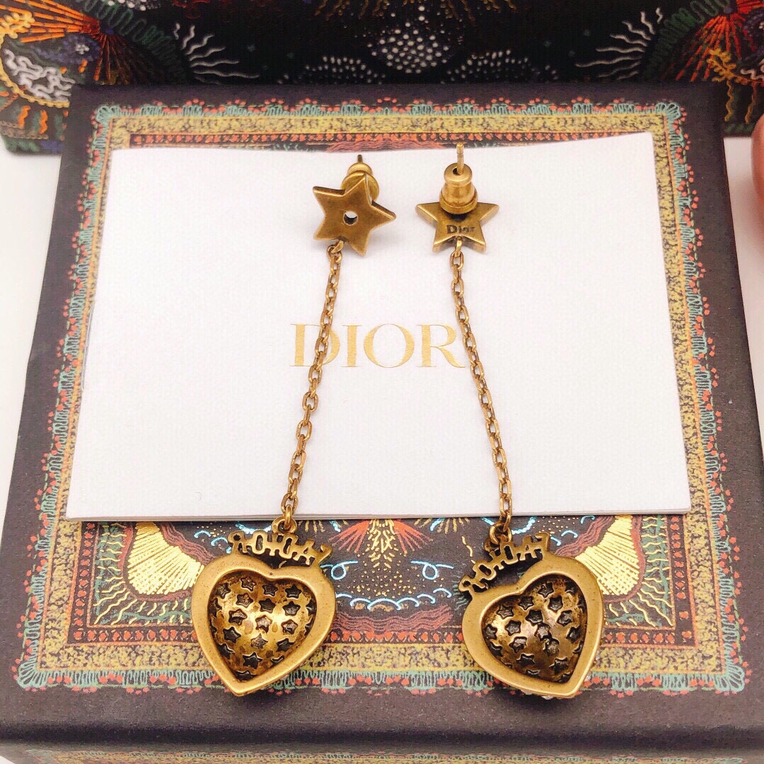 Dior J ADIOR Star Heart Drop Earrings earrings antique gold-tone metal with clear crystal accents 6cm drop length
