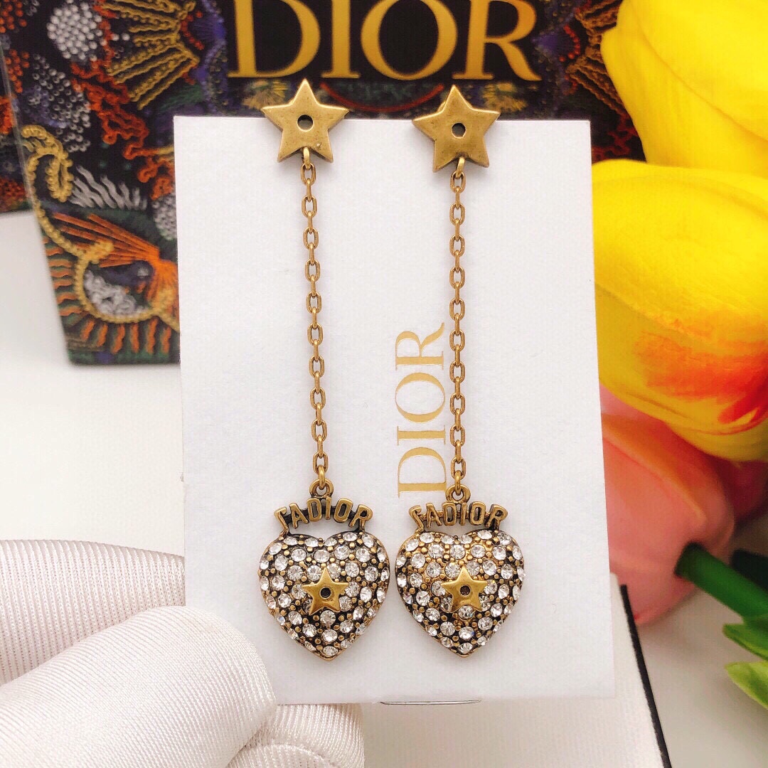 Dior J ADIOR Star Heart Drop Earrings earrings antique gold-tone metal with clear crystal accents 6cm drop length