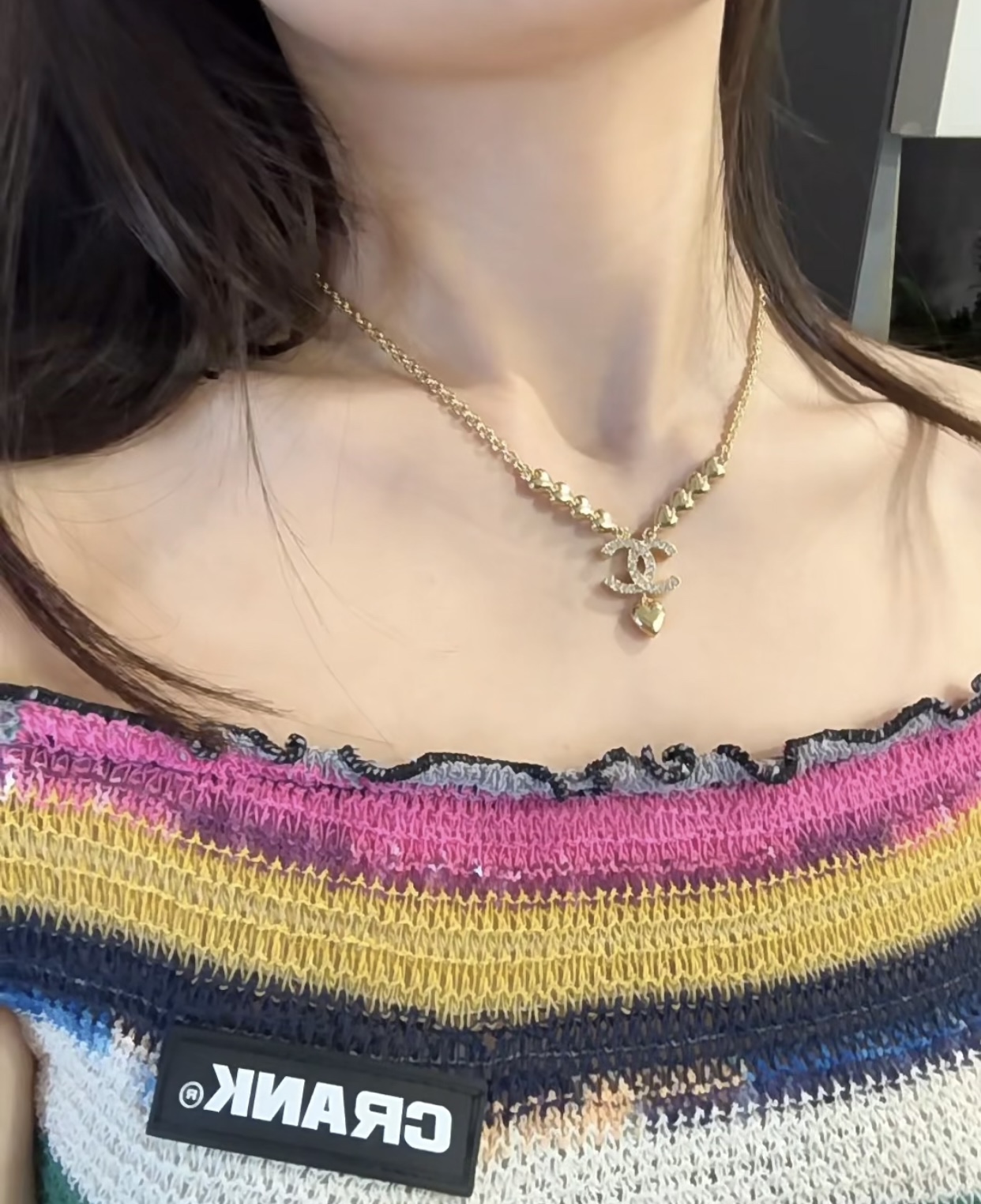 Chanel CC Heart Drop Necklace necklace Gold-tone metal with clear crystal accents and gold heart charm 42cm