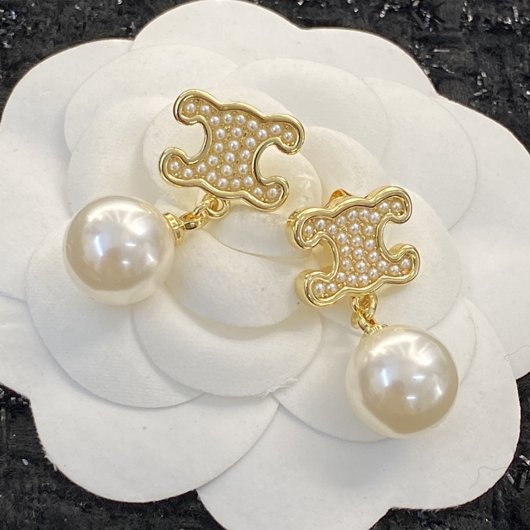 Celine Triomphe Pearl Drop earrings gold-tone metal with cream white pearls 1 5cm drop length