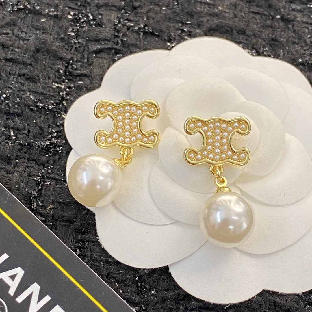 Celine Triomphe Pearl Drop earrings gold-tone metal with cream white pearls 1 5cm drop length