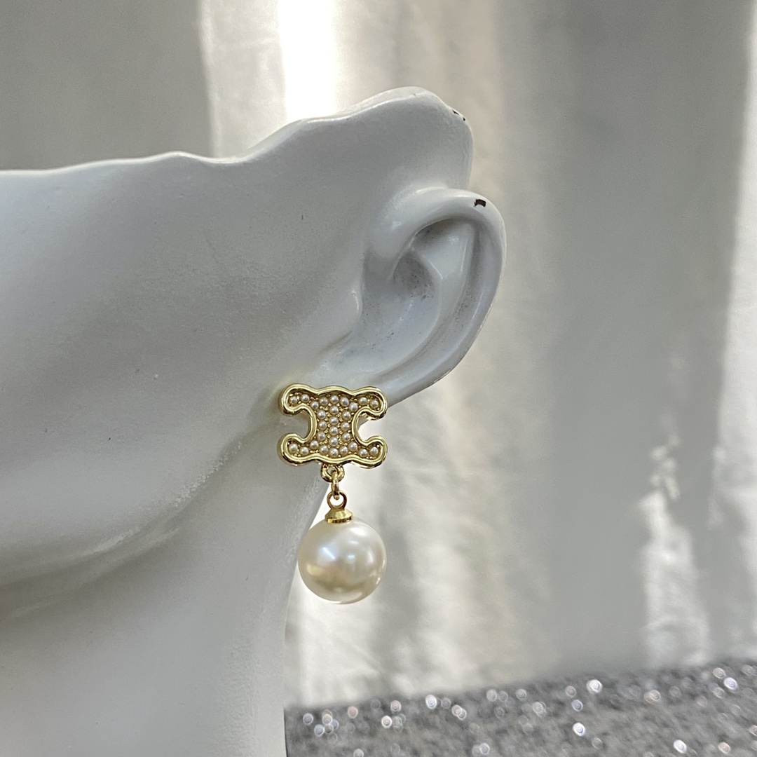 Celine Triomphe Pearl Drop earrings gold-tone metal with cream white pearls 1 5cm drop length
