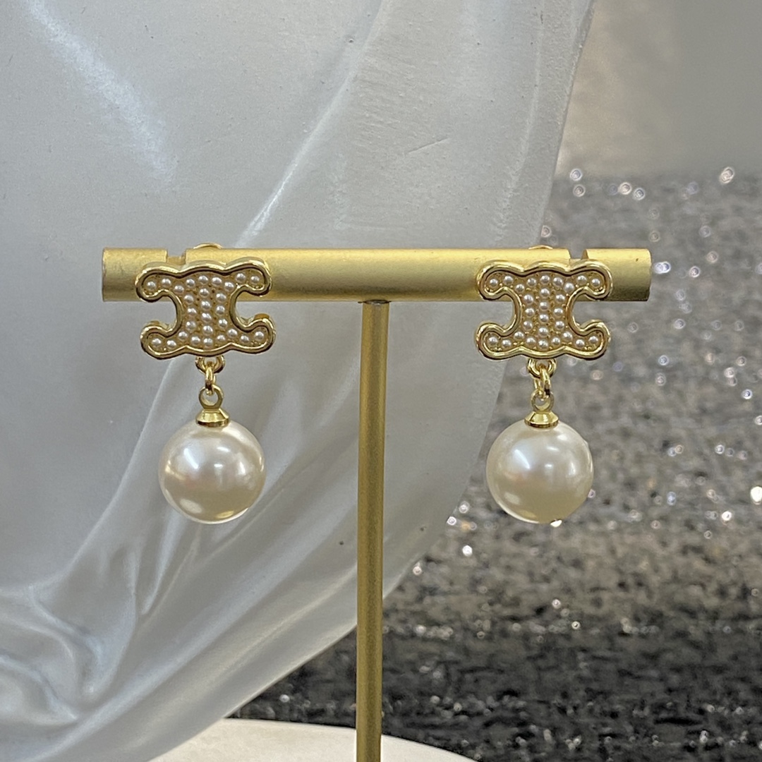 Celine Triomphe Pearl Drop earrings gold-tone metal with cream white pearls 1 5cm drop length