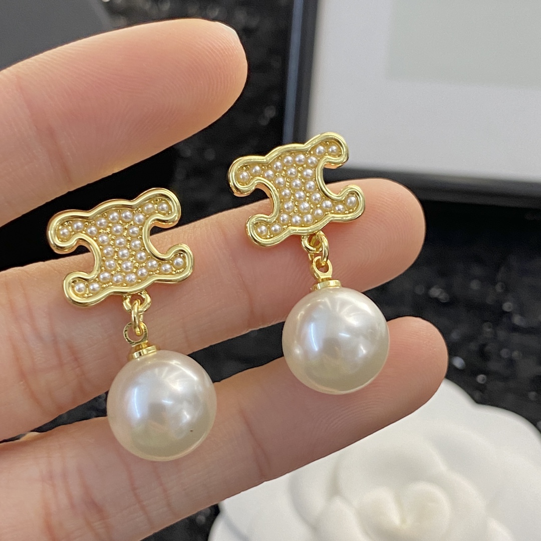 Celine Triomphe Pearl Drop earrings gold-tone metal with cream white pearls 1 5cm drop length