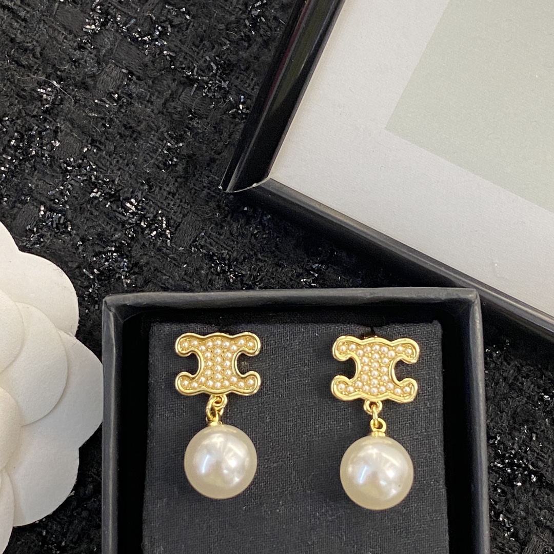 Celine Triomphe Pearl Drop earrings gold-tone metal with cream white pearls 1 5cm drop length
