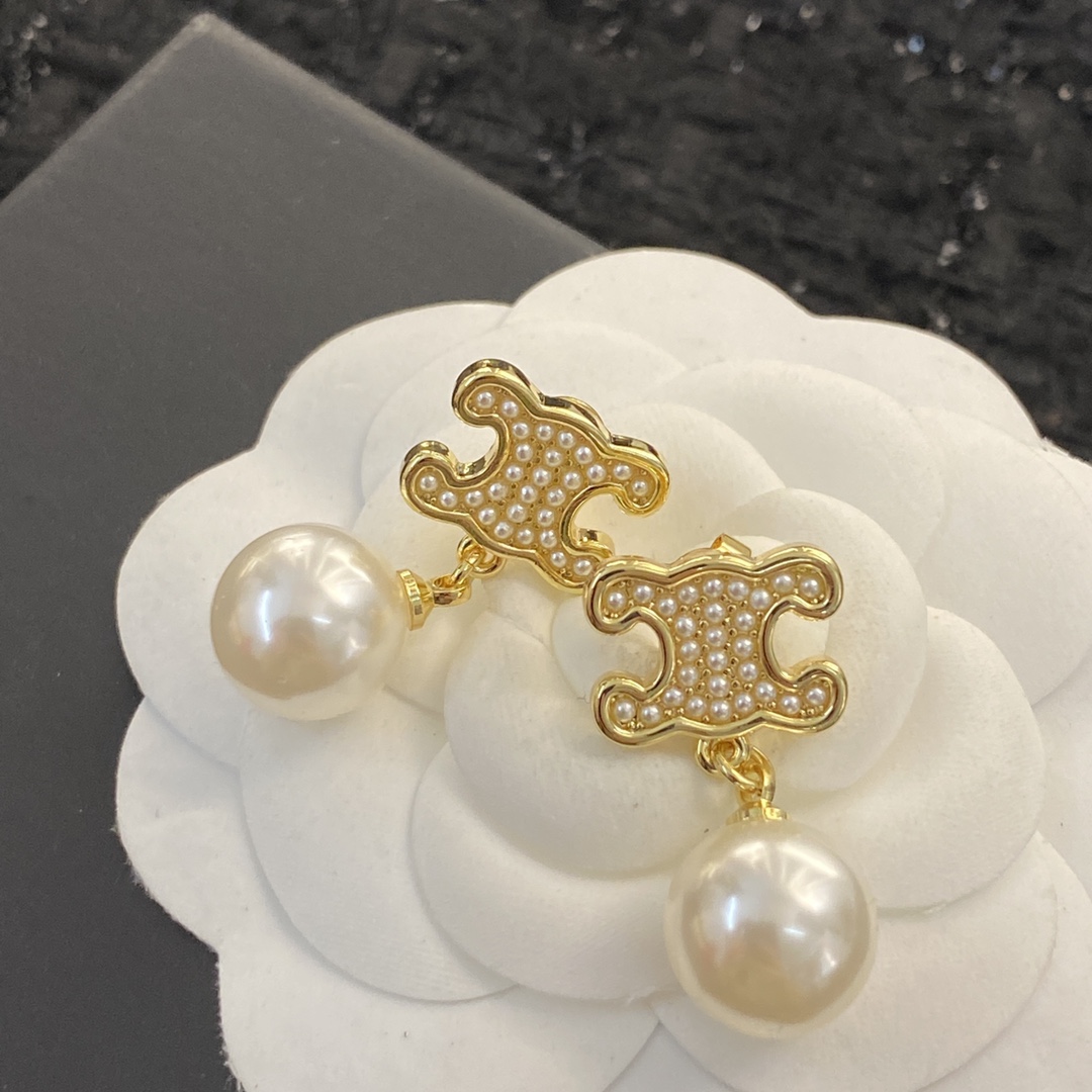 Celine Triomphe Pearl Drop earrings gold-tone metal with cream white pearls 1 5cm drop length