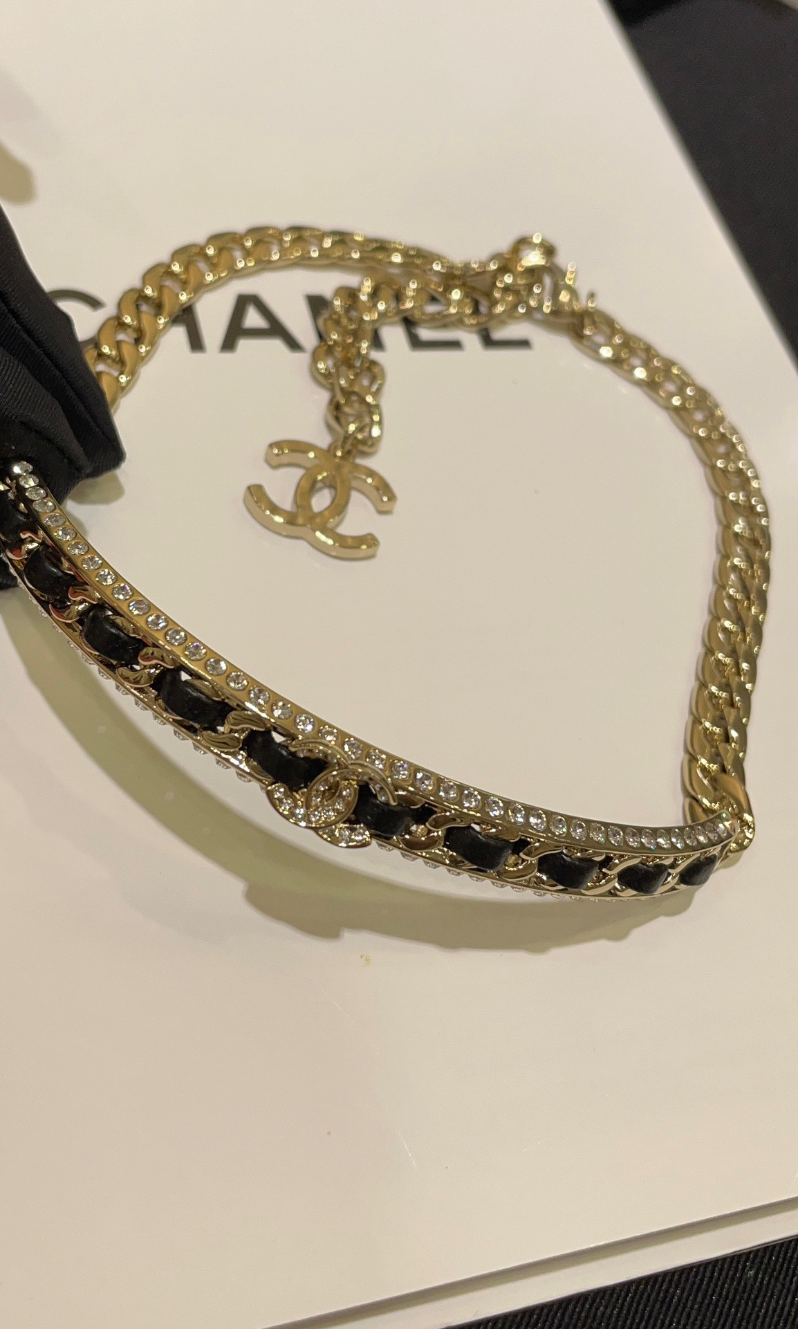 Chanel CC Chain Choker necklace gold-tone metal black leather clear crystal 38cm