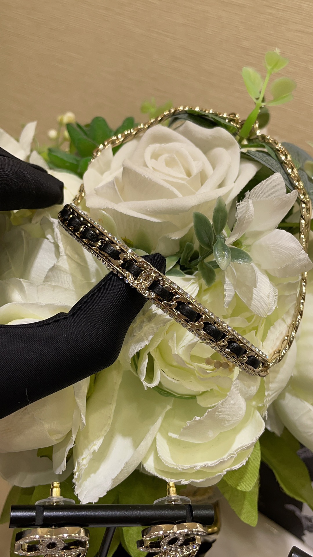 Chanel CC Chain Choker necklace gold-tone metal black leather clear crystal 38cm