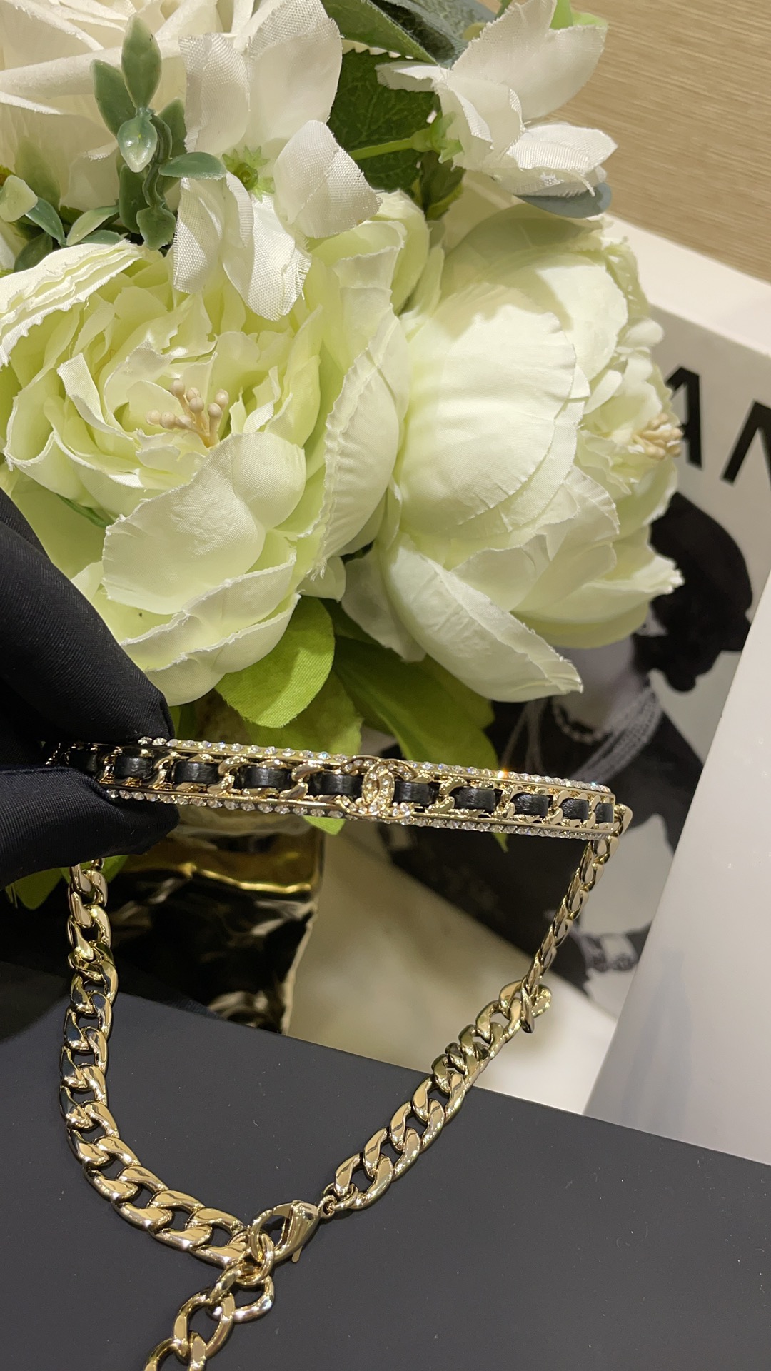 Chanel CC Chain Choker necklace gold-tone metal black leather clear crystal 38cm