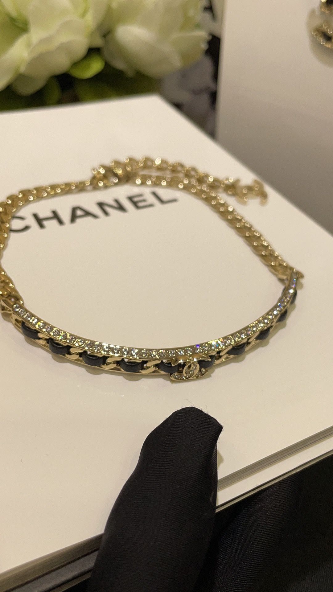 Chanel CC Chain Choker necklace gold-tone metal black leather clear crystal 38cm