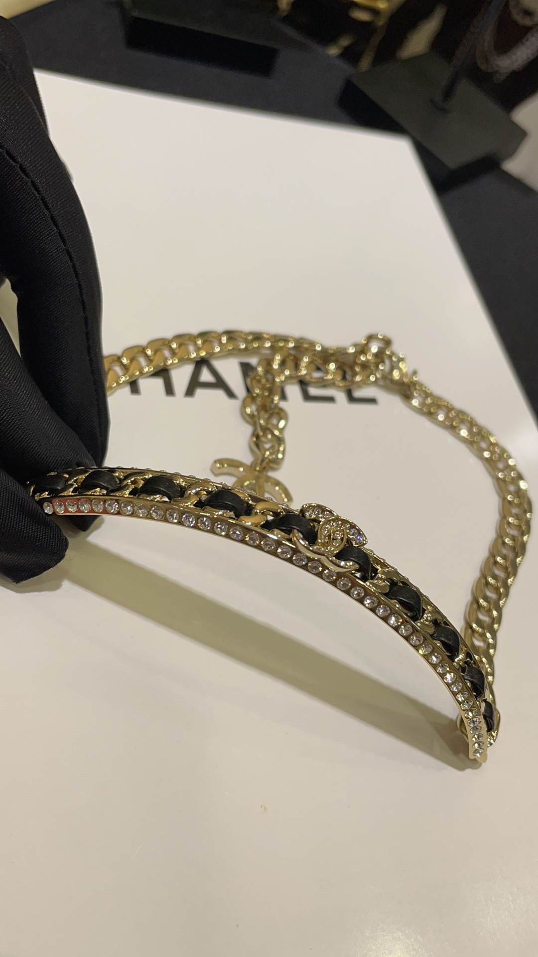 Chanel CC Chain Choker necklace gold-tone metal black leather clear crystal 38cm
