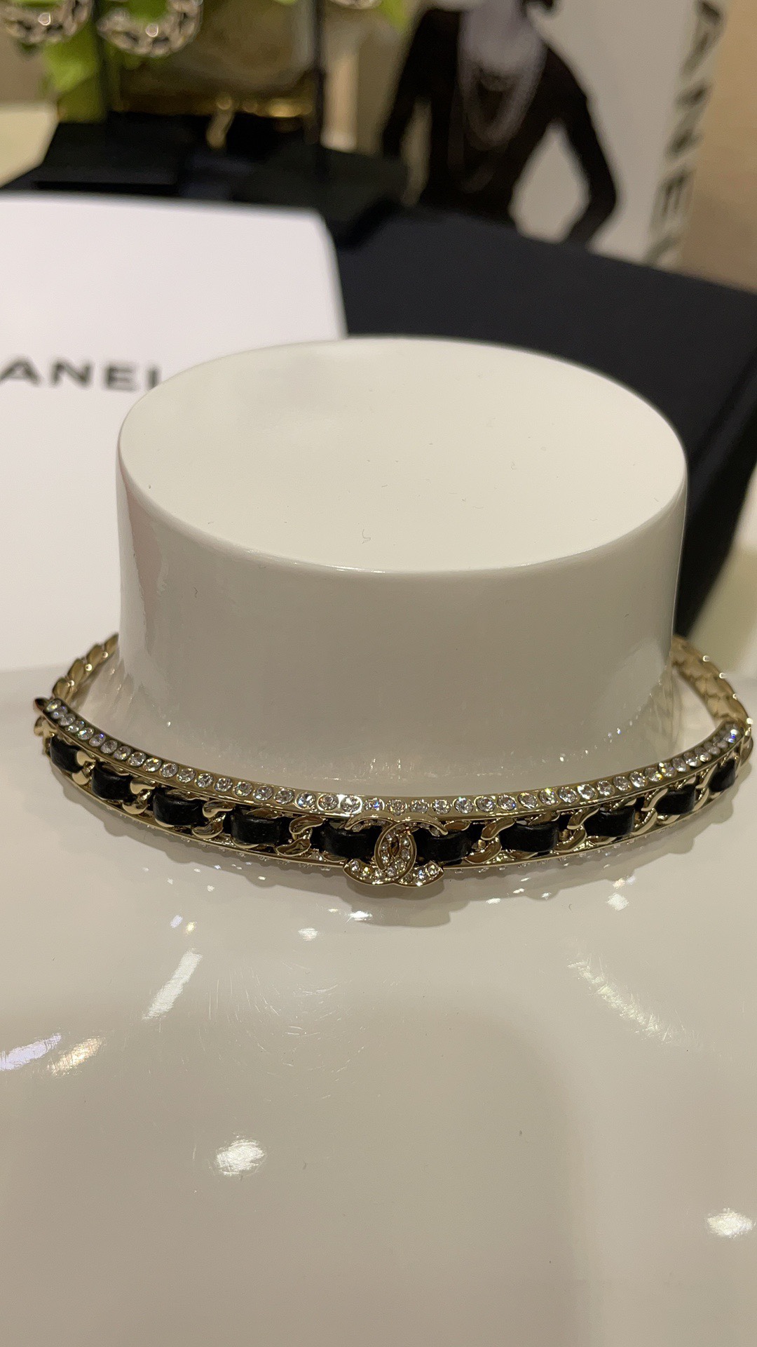 Chanel CC Chain Choker necklace gold-tone metal black leather clear crystal 38cm