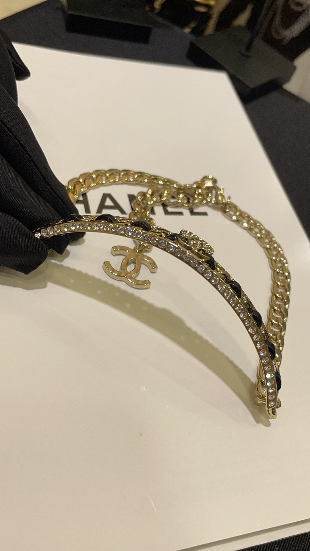 Chanel CC Chain Choker necklace gold-tone metal black leather clear crystal 38cm