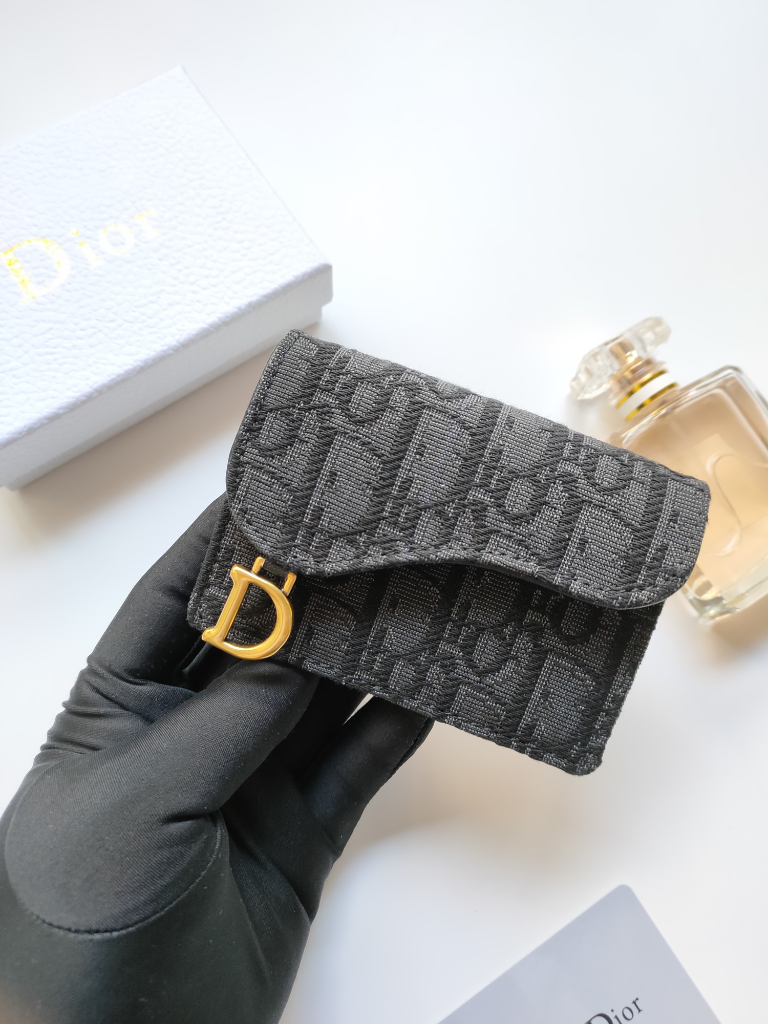 Dior Oblique Saddle Card Holder pendant Black Oblique coated canvas with gold-tone metal hardware 11 7 5 2 5cm