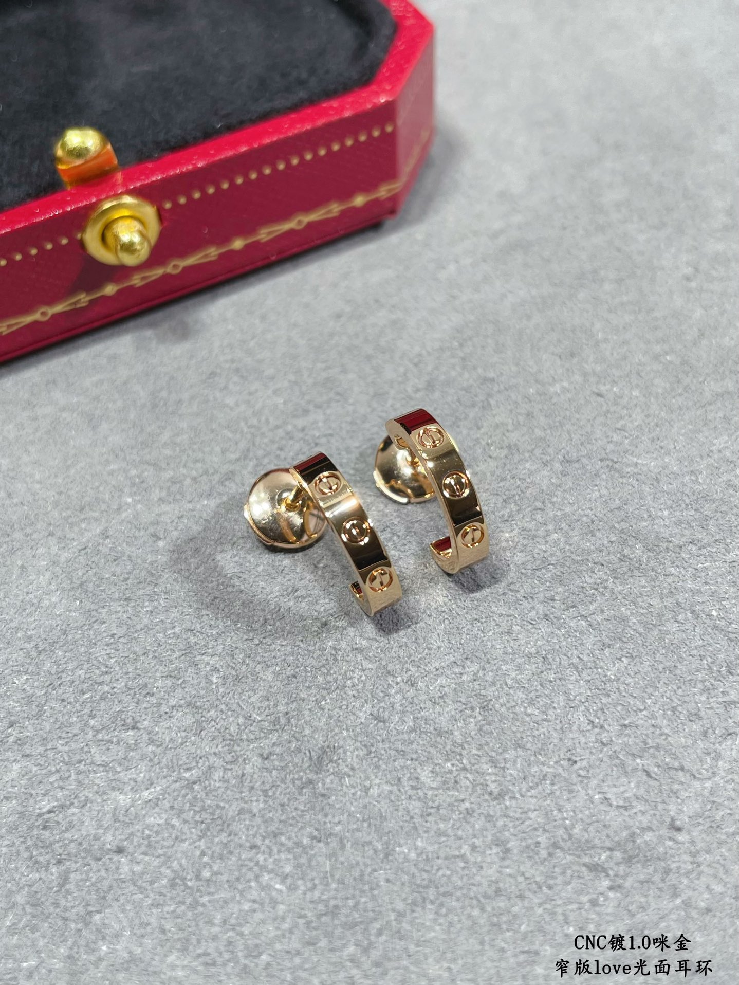 Cartier LOVE earrings 18k yellow gold 18k white gold no gemstones polished plain metal finish narrow version hoop earrings inner diameter approximately 8mm