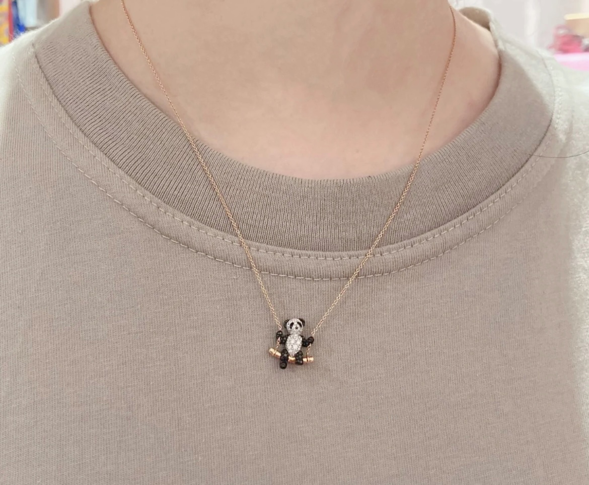 Qeelin Bo Bo Swing Panda necklace 18k rose gold clear diamond black diamond 42cm with 2cm extender