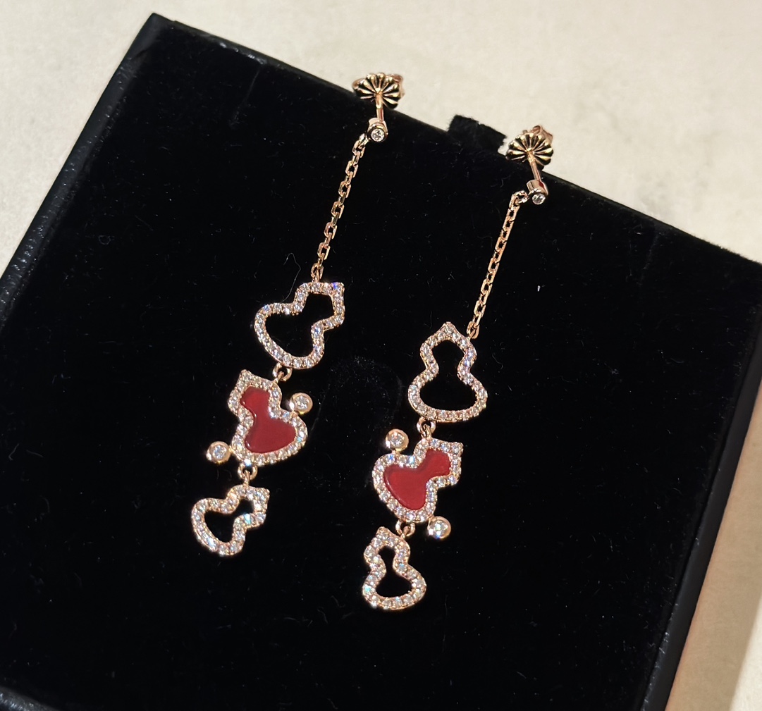 Qeelin WULU earrings 18k rose gold red carnelian clear diamond 5cm drop length