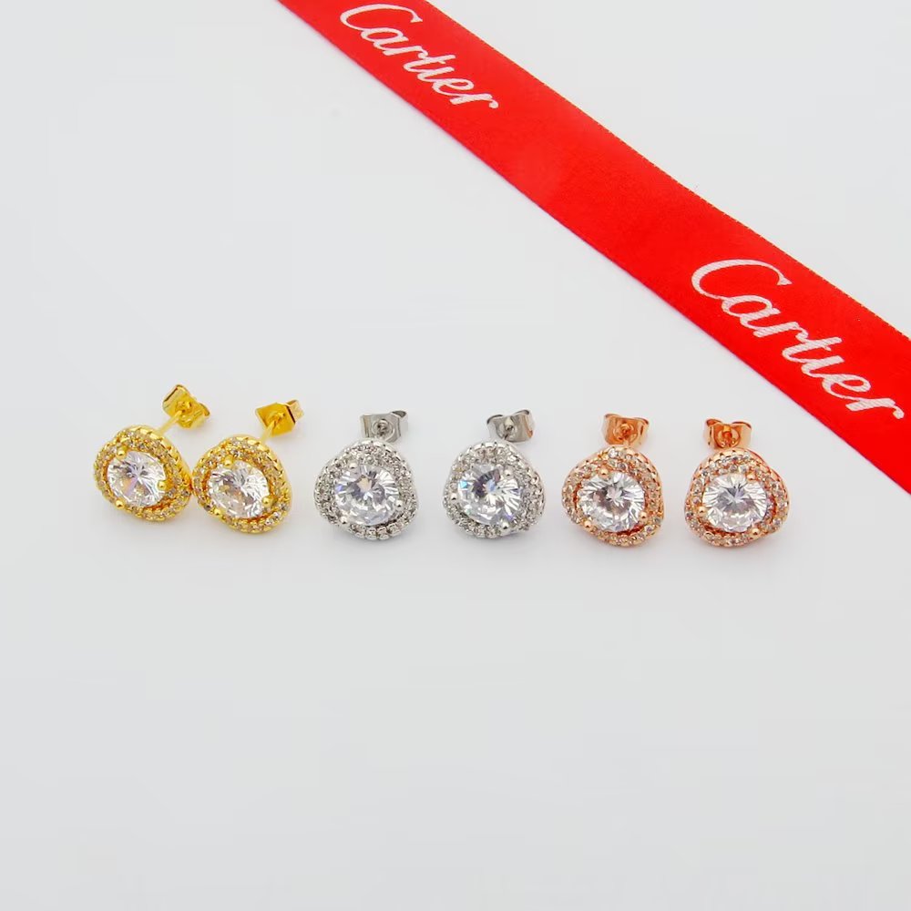 Cartier Trinity Halo Diamond Jewelry Set necklace earrings yellow gold with clear faceted stones white gold with clear faceted stones rose gold with clear faceted stones 16 inch chain length standard stud earring size