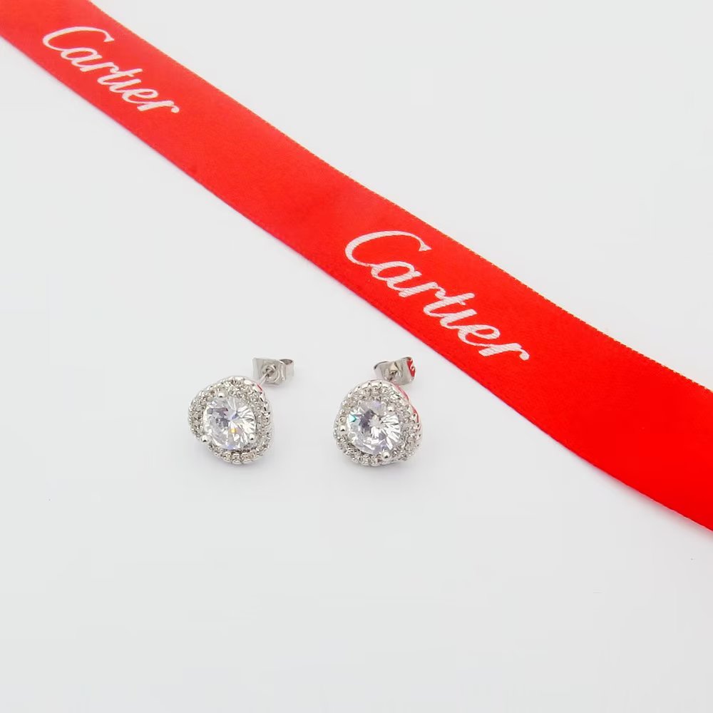 Cartier Trinity Halo Diamond Jewelry Set necklace earrings yellow gold with clear faceted stones white gold with clear faceted stones rose gold with clear faceted stones 16 inch chain length standard stud earring size