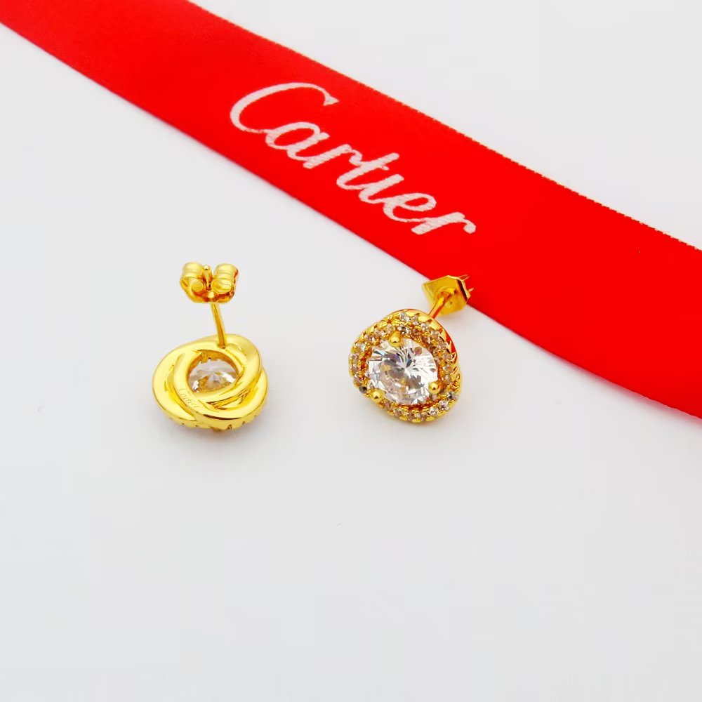 Cartier Trinity Halo Diamond Jewelry Set necklace earrings yellow gold with clear faceted stones white gold with clear faceted stones rose gold with clear faceted stones 16 inch chain length standard stud earring size